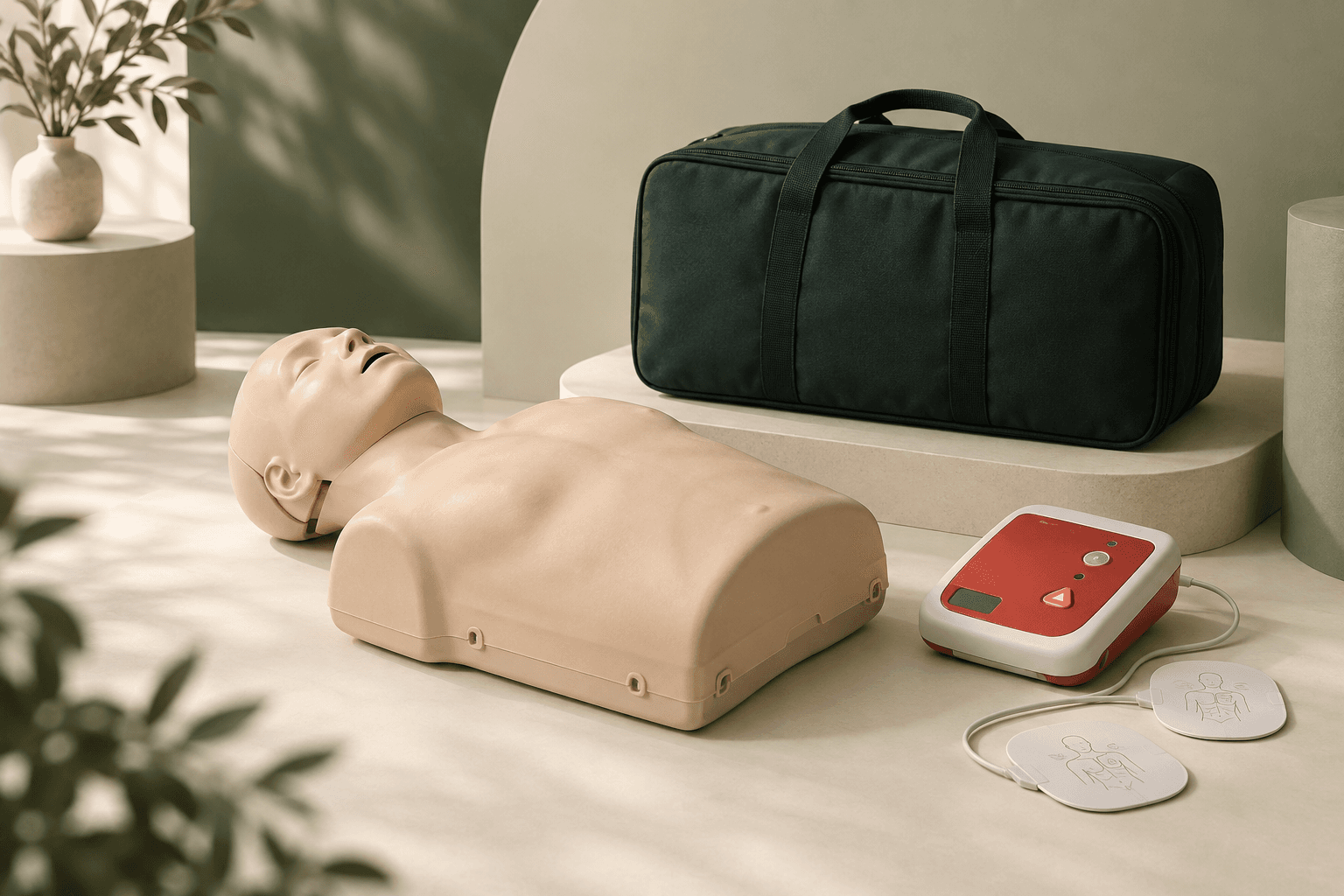 ภาพประกอบหุ่นฝึก CPR เครื่องฝึก AED และกระเป๋าอุปกรณ์